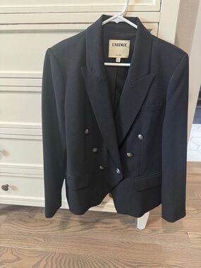 L'AGENCE Black Double-Breasted Textured Jacket with Silver Buttons